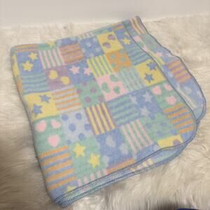Crown Crafts Patchwork Fleece Baby Blanket Stars Hearts Squares Pastel Dots Vtg